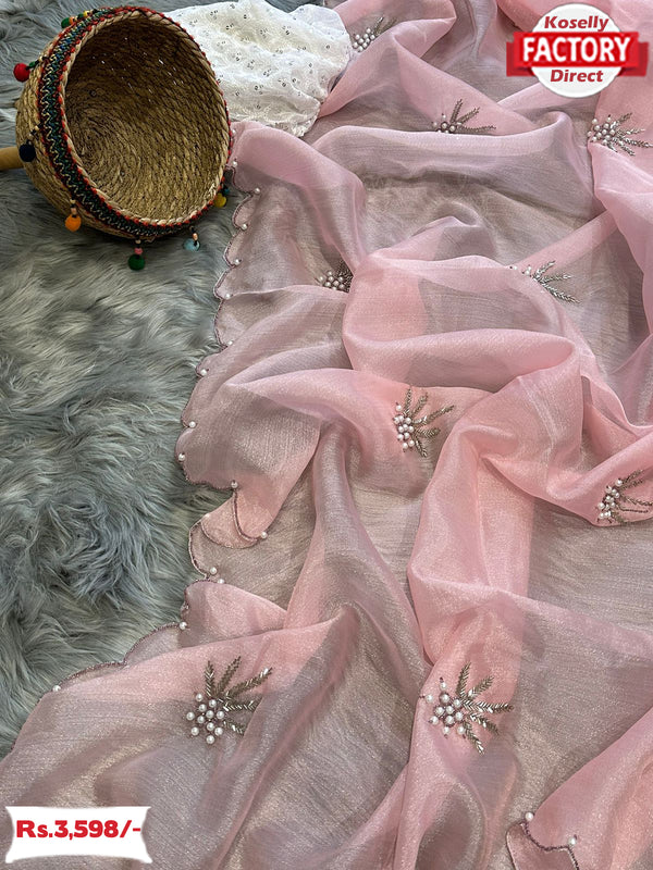 Baby Pink Pure Khadi Organza Saree With Handwork