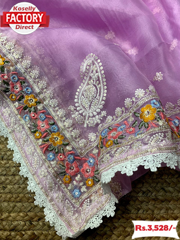 Lavender Pure Organza Multi-embroidery Partywear Saree