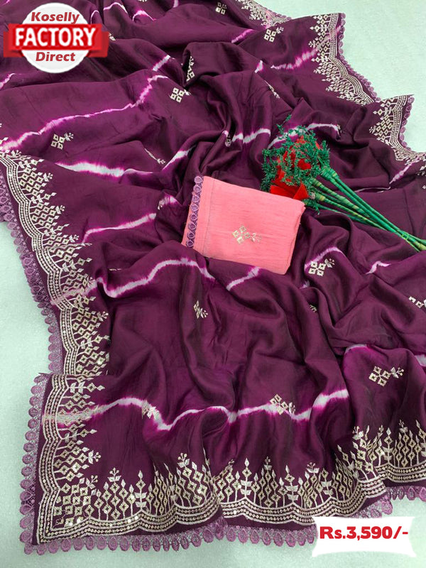 Wine Pure Dola Silk Sequins Embroidered Saree