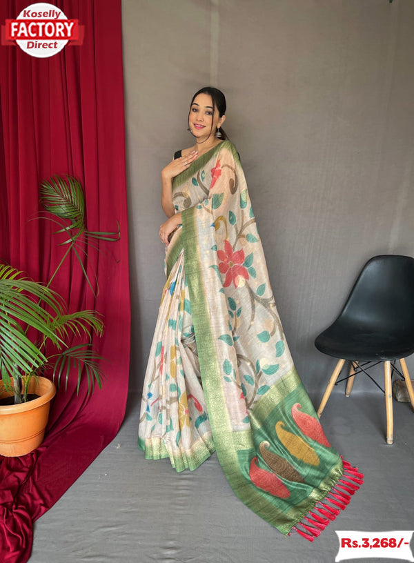 Pure Kora Silk Floral Print Saree With Katha Work