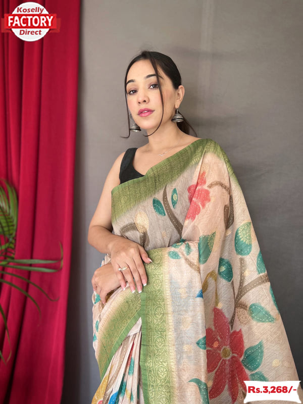 Pure Kora Silk Floral Print Saree With Katha Work