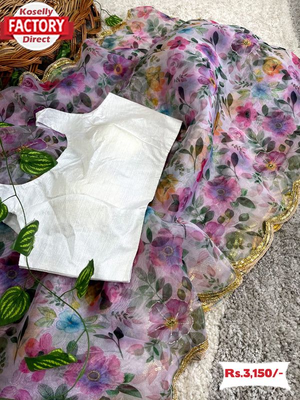 Handwork Floral Organza Saree With Stitched Blouse