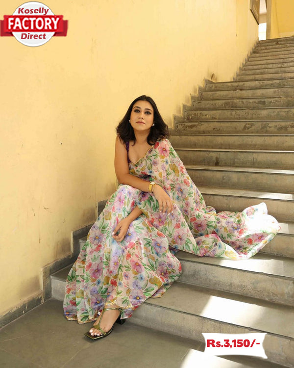 Handwork Floral Organza Saree With Stitched Blouse