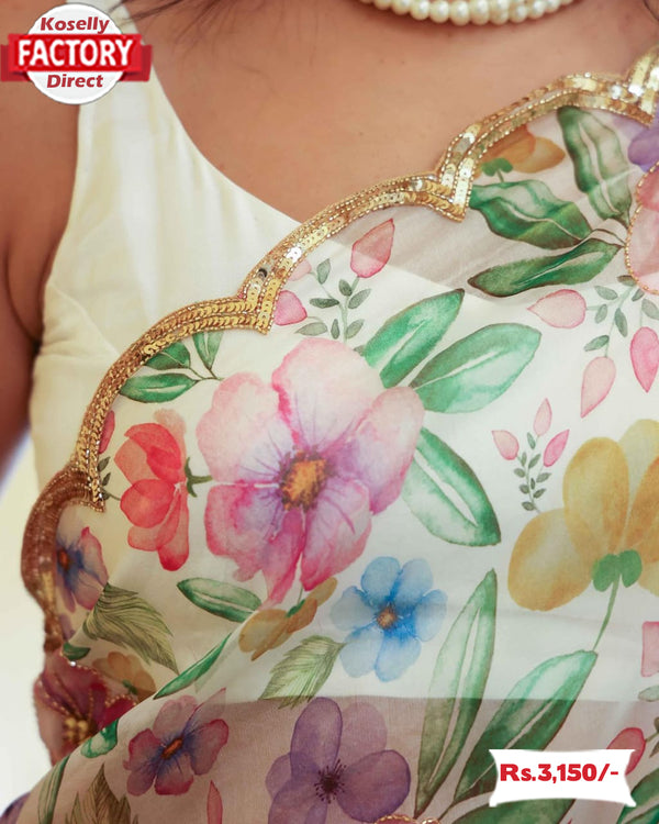 Handwork Floral Organza Saree With Stitched Blouse