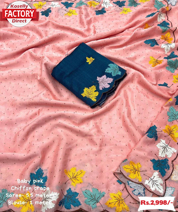 Baby Pink Chiffon Crepe Kashmiri Embroidered Saree