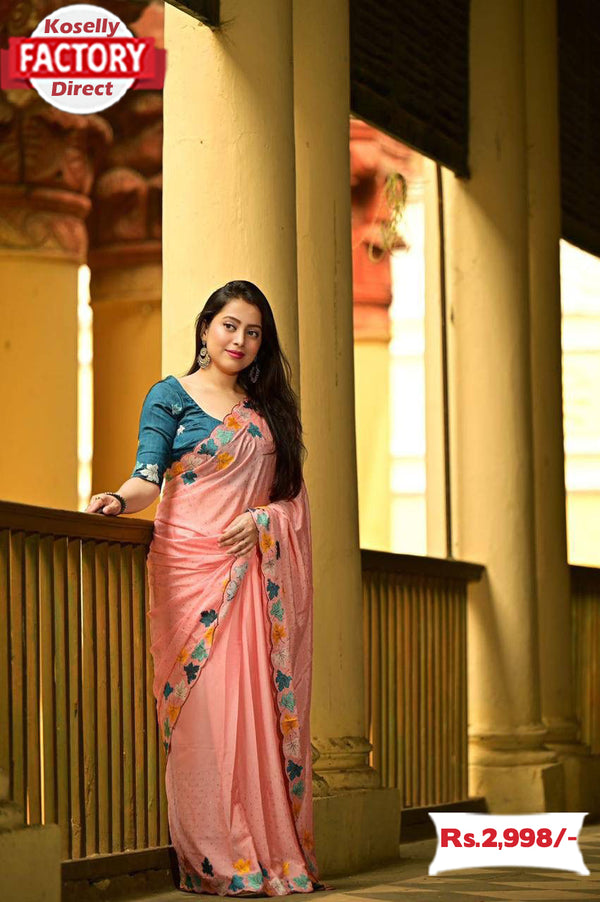 Baby Pink Chiffon Crepe Kashmiri Embroidered Saree