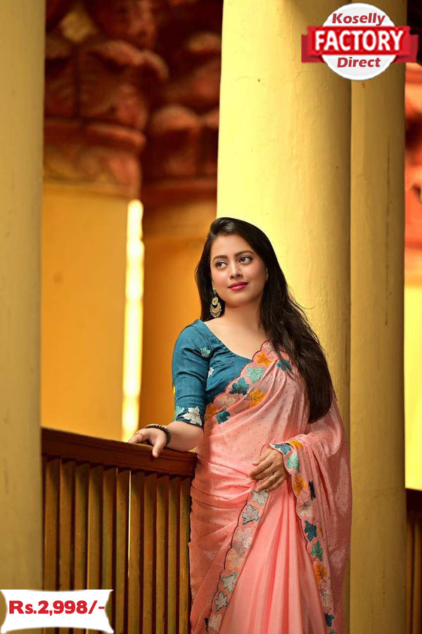 Baby Pink Chiffon Crepe Kashmiri Embroidered Saree