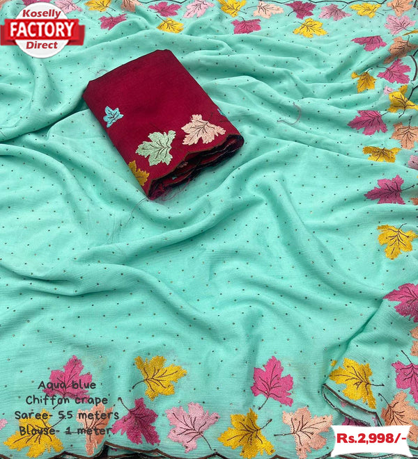 Aqua Blue Chiffon Crepe Kashmiri Embroidered Saree