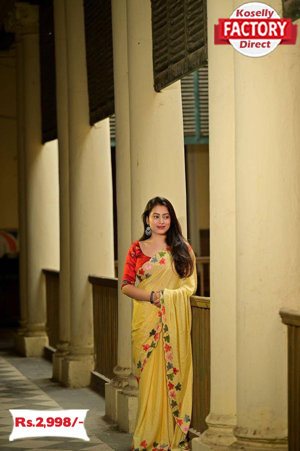 Yellow Chiffon Crepe Kashmiri Embroidered Saree