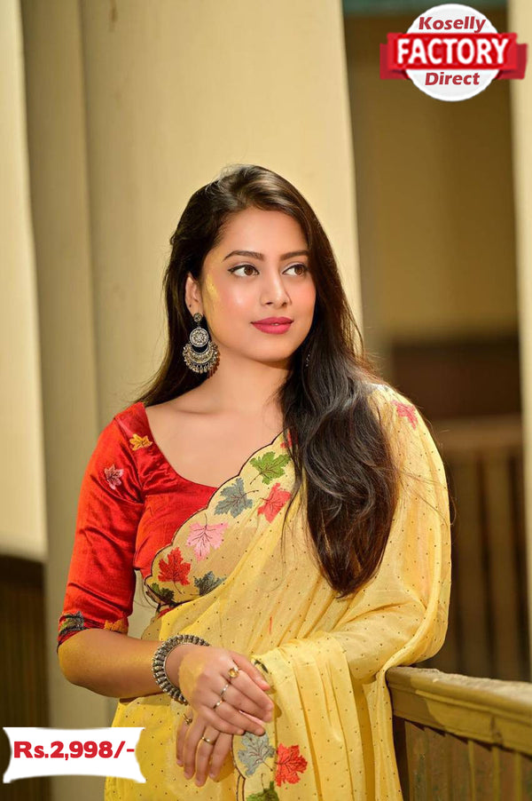 Yellow Chiffon Crepe Kashmiri Embroidered Saree