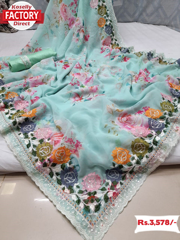 Sky Blue Premium Georgette Sequins Digital Print Partywear Saree