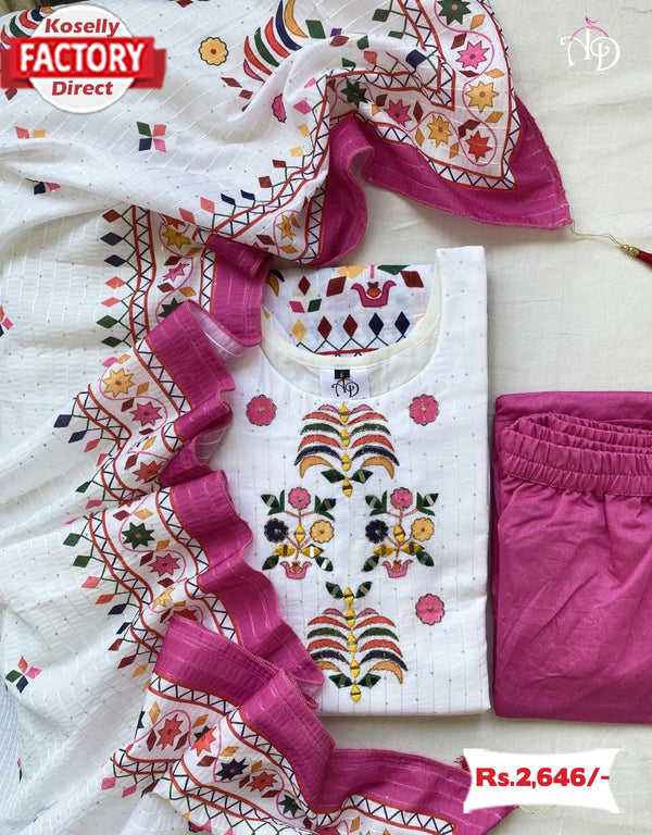 White And Pink Maslin Kurtha Palazzo Dupatta Set