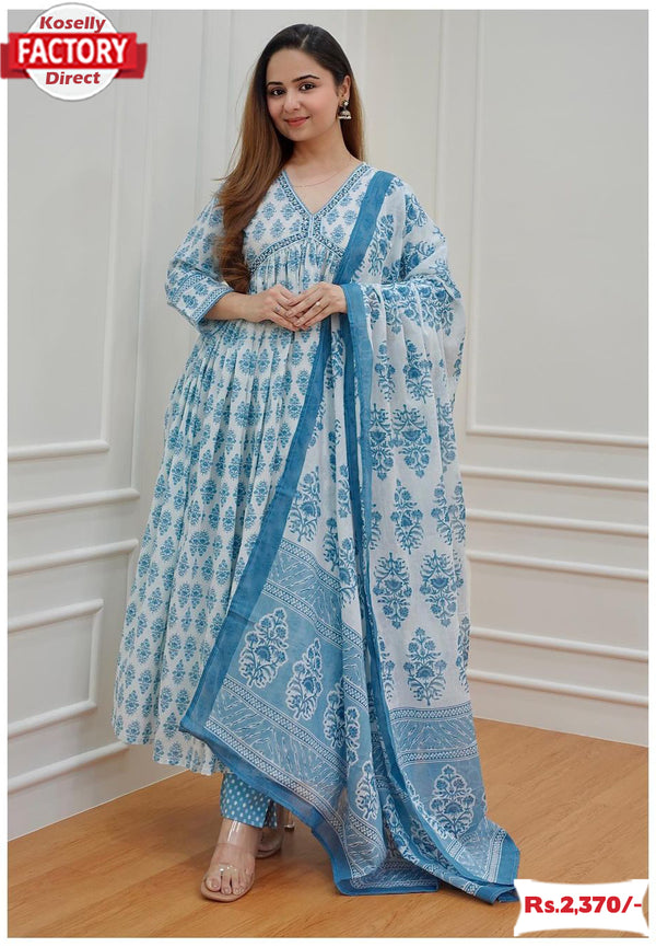 Blue Cotton Alia Cut Kurtha Palazzo Dupatta Set