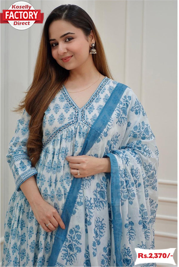 Blue Cotton Alia Cut Kurtha Palazzo Dupatta Set