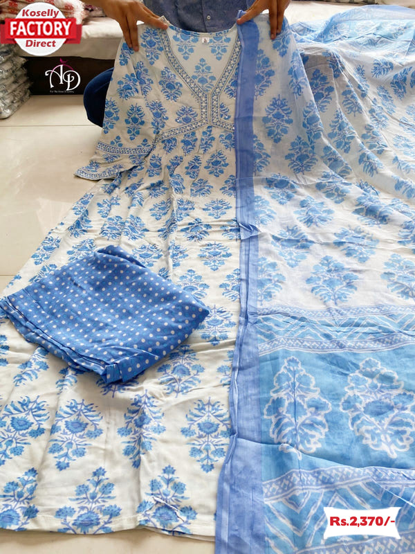Blue Cotton Alia Cut Kurtha Palazzo Dupatta Set