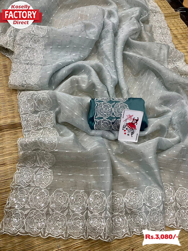 Ash Net Organza Embroidered Sequins Partywear Saree