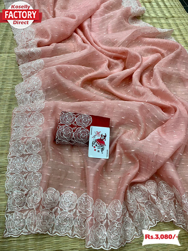 Peach Net Organza Embroidered Sequins Partywear Saree