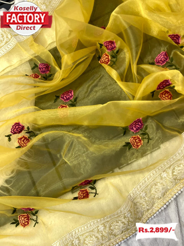 Yellow Pure Organza Multi-embroidery Fancy Saree