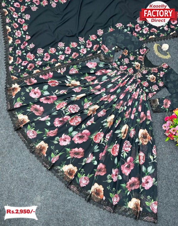 Black Aliya Cut Floral Embroidered Gown Dupatta Set