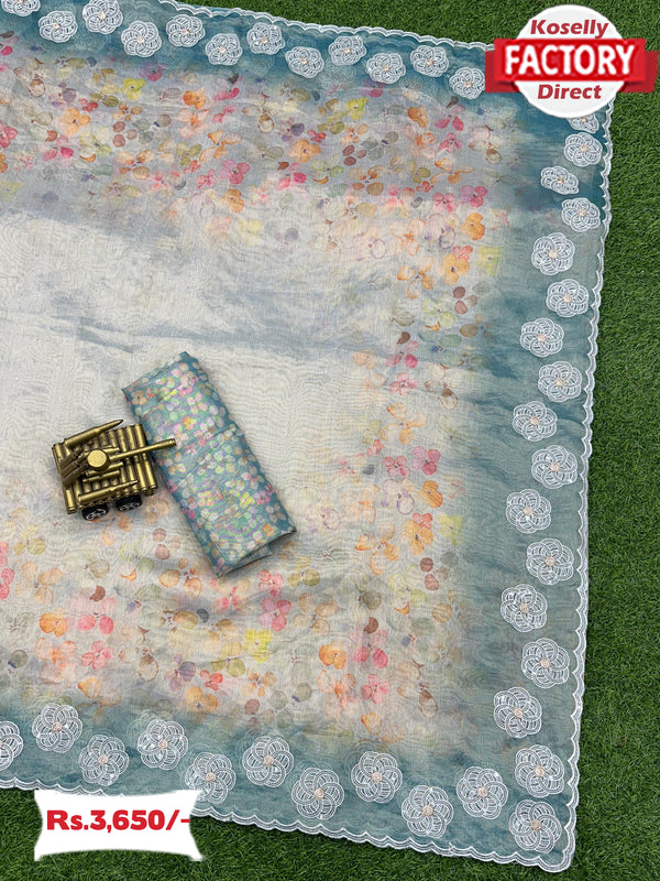 Blue Organza Digital Print And Sequins Work Partywear Saree