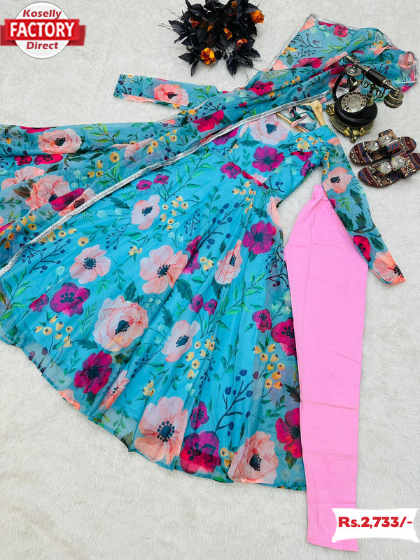 Sky Blue Floral Anarkali Set