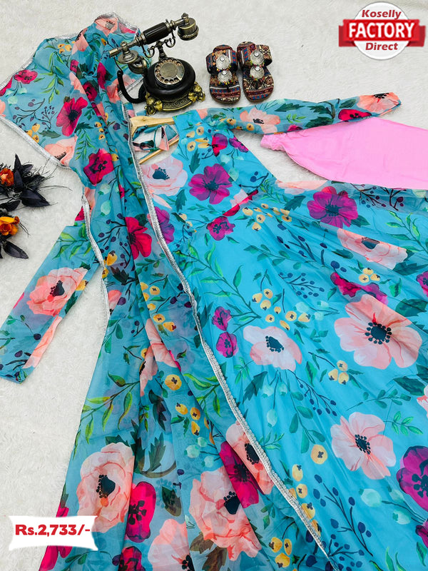 Sky Blue Floral Anarkali Set