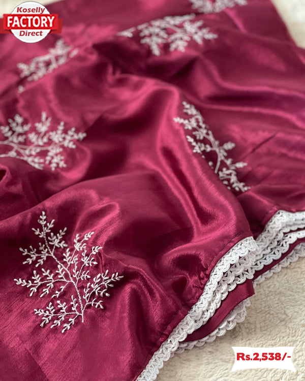 Maroon Shimmery Chinnon Silk Embroidered Saree