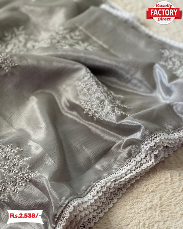 Ash Shimmery Chinnon Silk Embroidered Saree