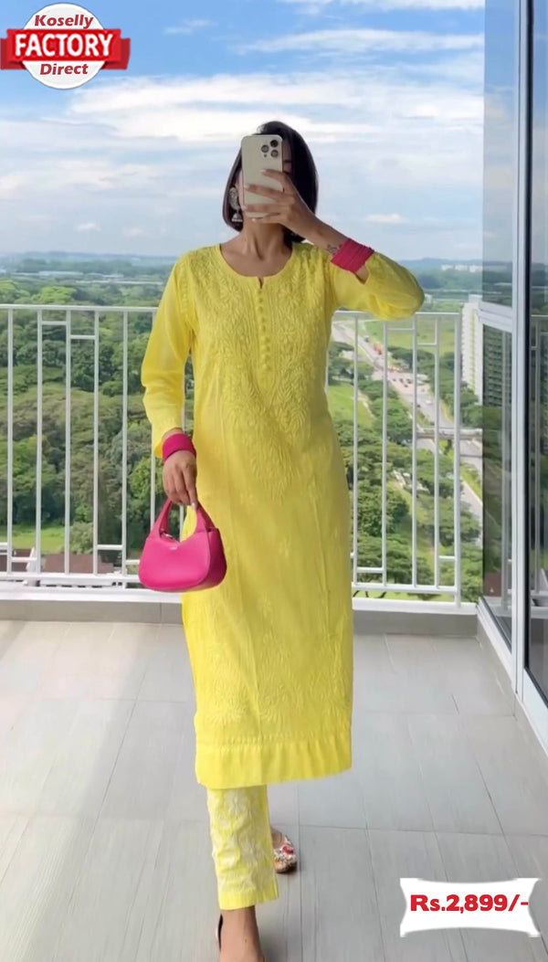 Yellow Chikankari Work Kurtha Pant Set