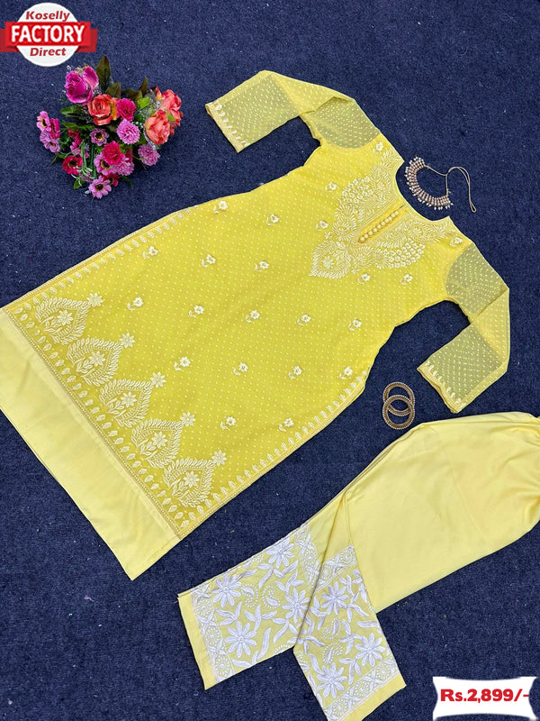 Yellow Chikankari Work Kurtha Pant Set