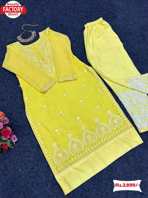 Yellow Chikankari Work Kurtha Pant Set