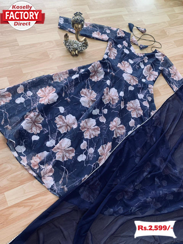 Navy Blue Floral Gown Dupatta Set