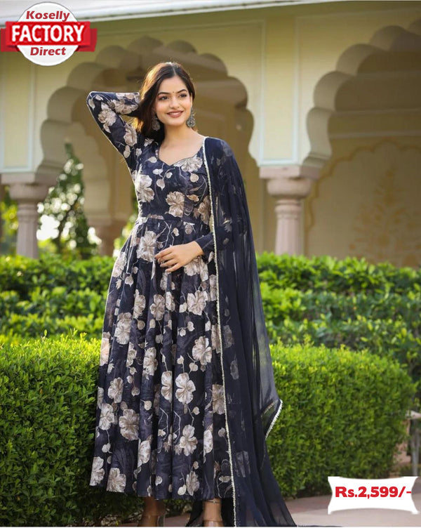 Navy Blue Floral Gown Dupatta Set
