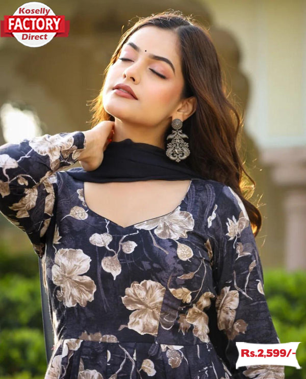 Navy Blue Floral Gown Dupatta Set