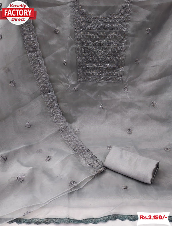 Ash Organza Embroidered Kurtha Suruwal Piece