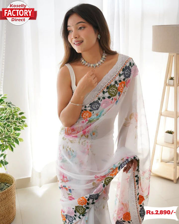 White Georgette Digital Print Saree With Embroidery Work