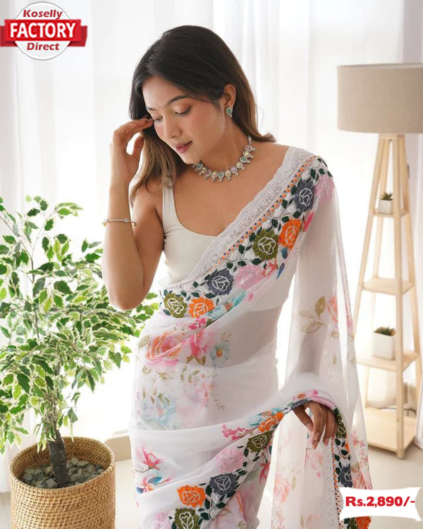 White Georgette Digital Print Saree With Embroidery Work