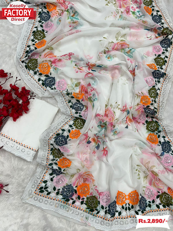 White Georgette Digital Print Saree With Embroidery Work