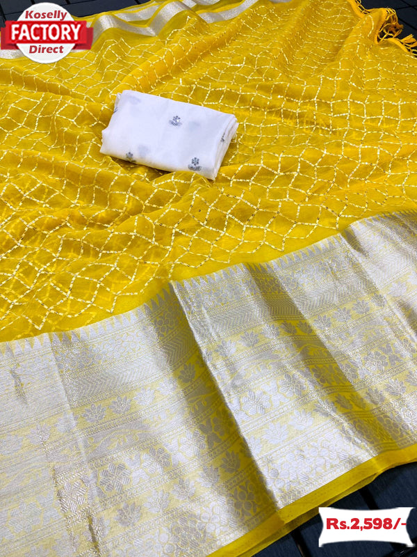 Yellow Pure Kanchipuram Organza Saree