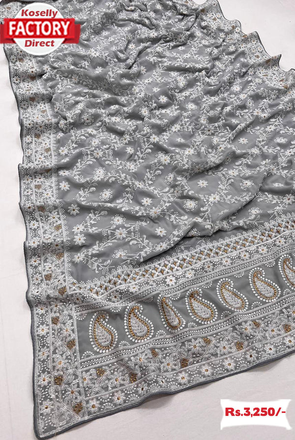 Ash Georgette Chikankari Worked Saree