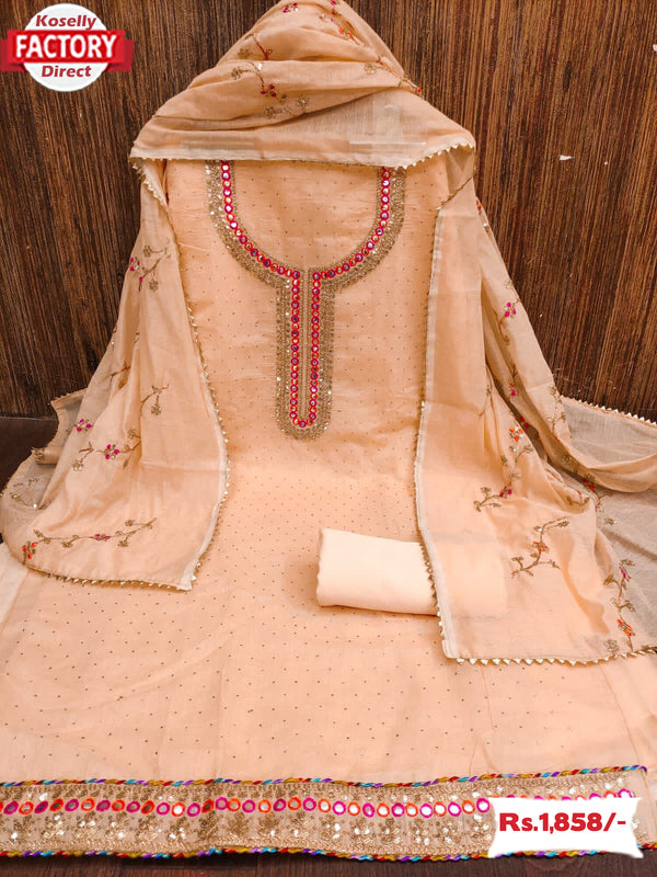 Peach Chanderi Silk Embroidered Kurtha Suruwal Piece