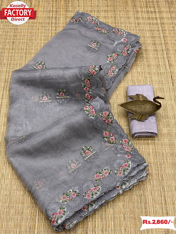 Ash Organza Saree With Multi-thread Embroidery Work