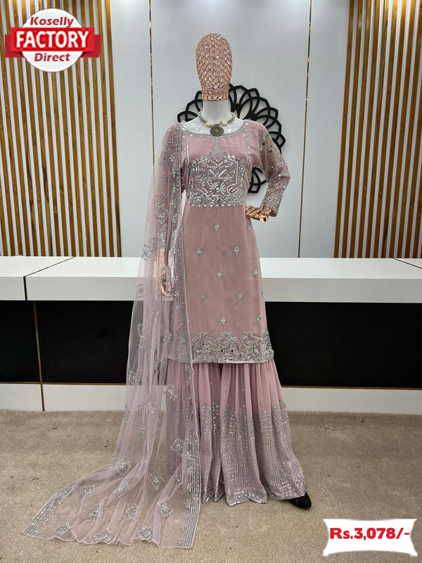 Nude Pink Partywear Kurtha Sharara Dupatta Set