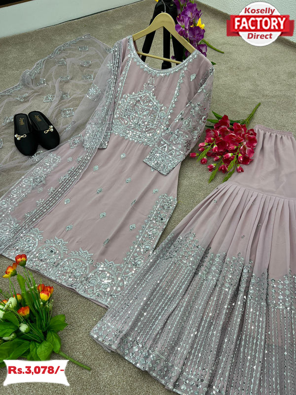 Nude Pink Partywear Kurtha Sharara Dupatta Set