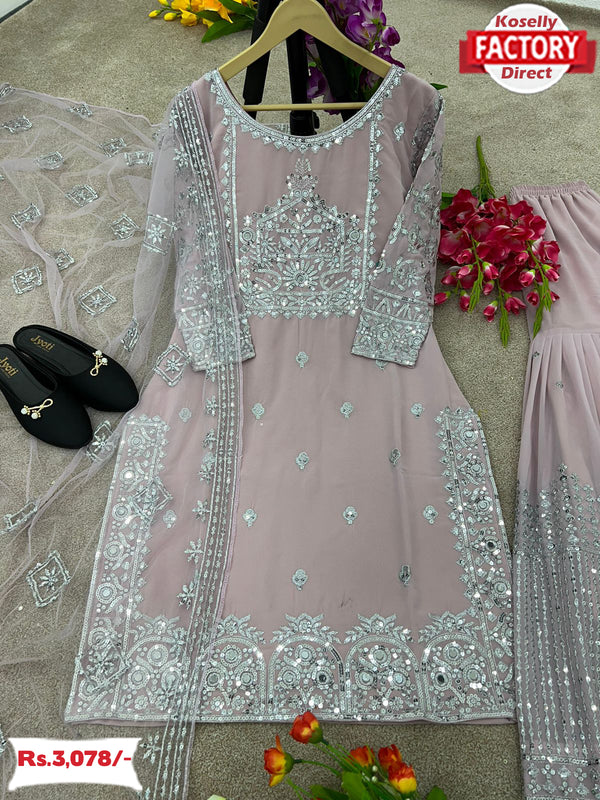 Nude Pink Partywear Kurtha Sharara Dupatta Set