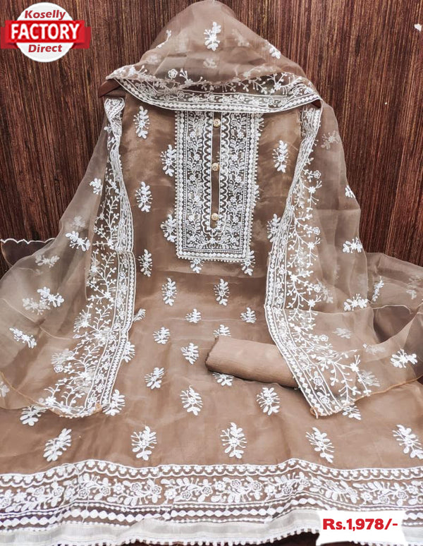Beige Embroidered Organza Kurtha Suruwal Piece