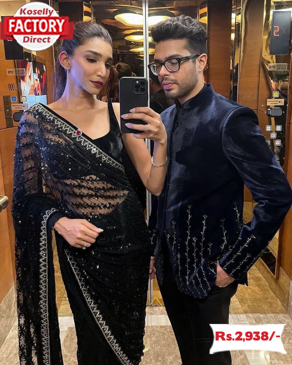 Black Georgette Sequins Partywear Saree