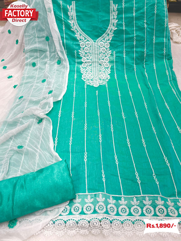 Sea Green Chanderi Silk Embroidered Kurtha Suruwal Piece