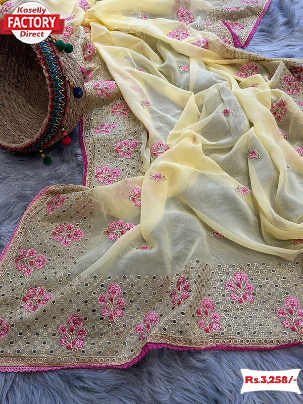 Yellow Georgette Silk Multi-embroidered Partywear Saree