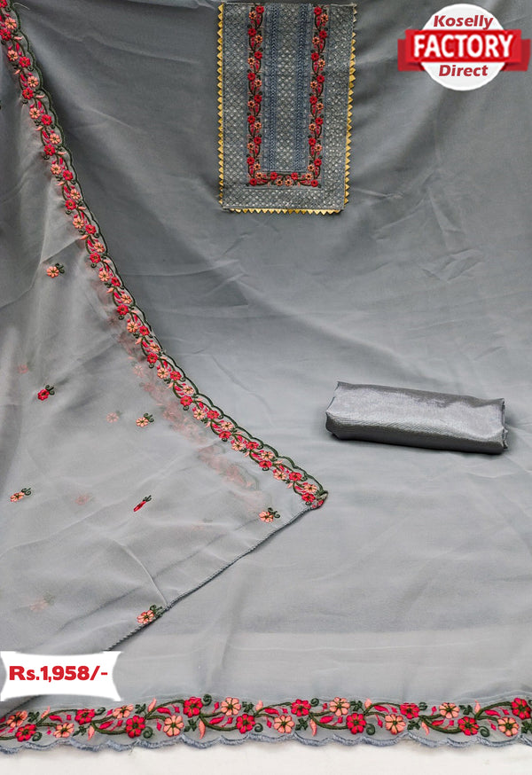 Ash Georgette Embroidered Kurtha Suruwal Piece
